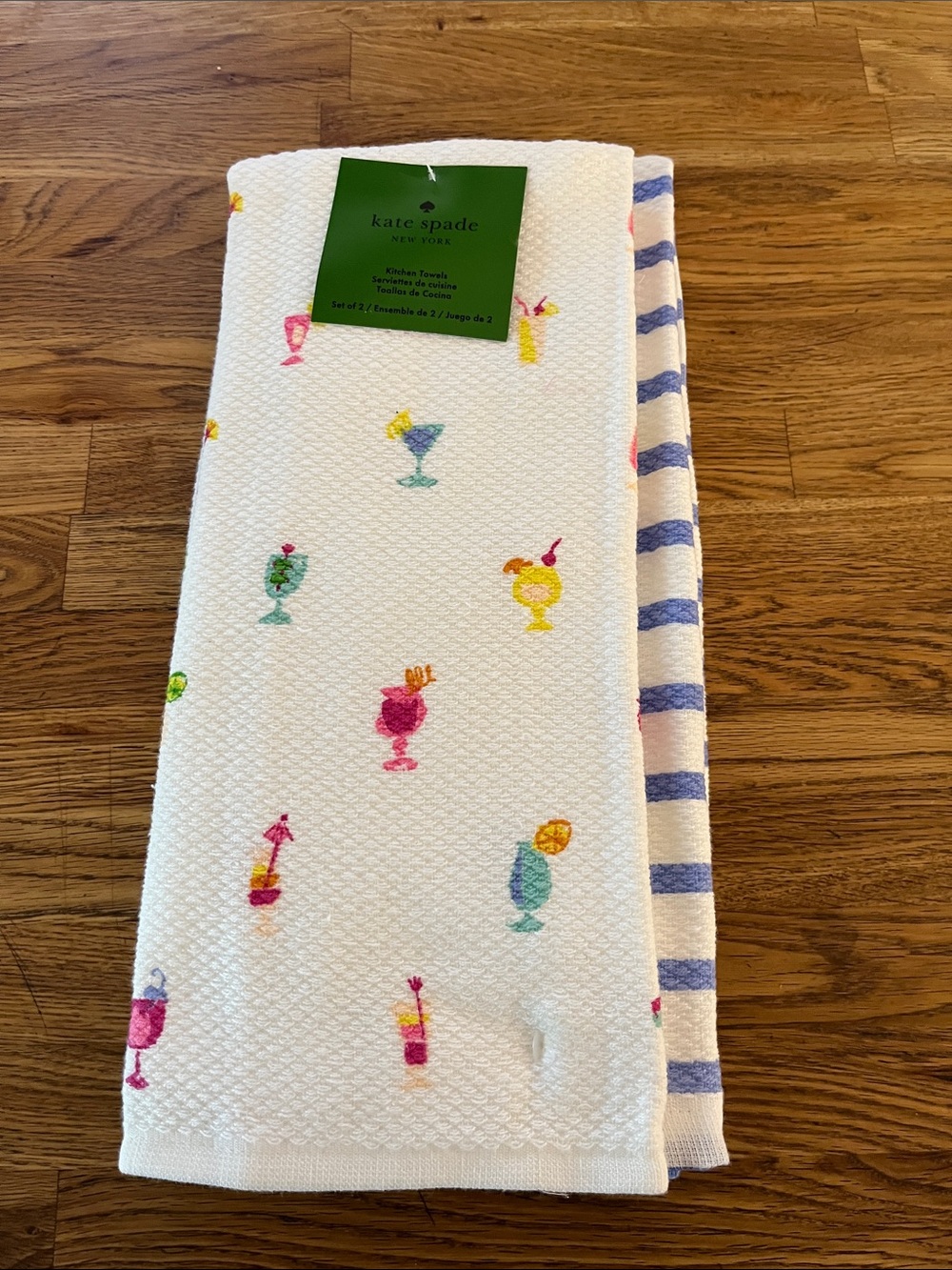 NWT Kate Spade  White Cocktail & Blue Stripe Kitchen Towels - Set of 2